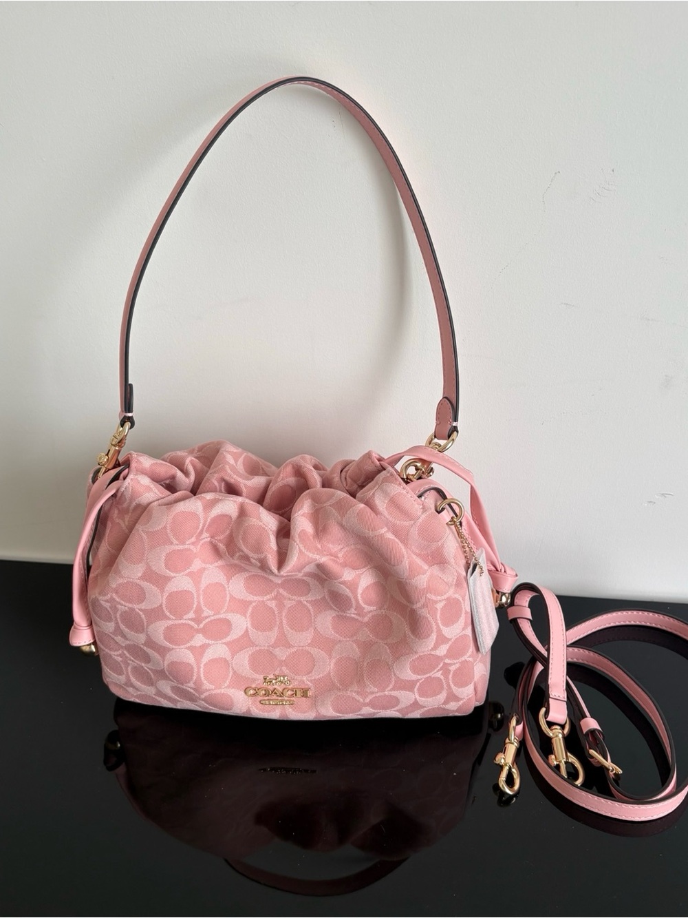 Coach Blush Pink Signature Drawstring Shoulder Bag with Gold Hardware